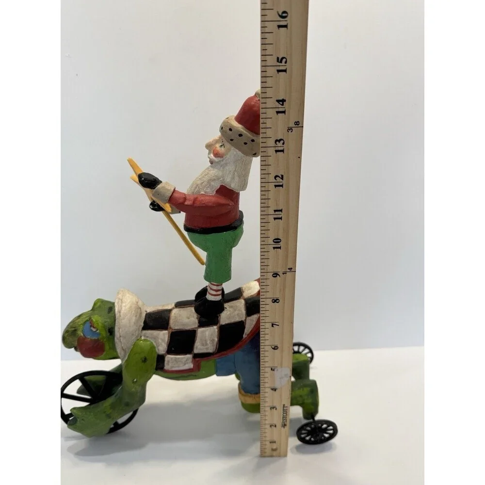 VINTAGE FOLK ART SANTA ON RABBIT WOOD CARVING. PEGGY HERRICK